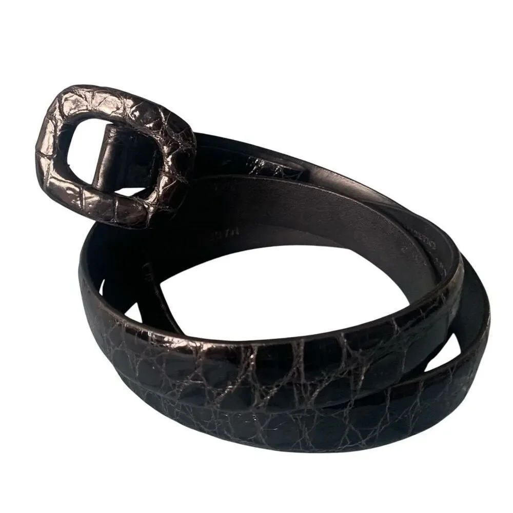 RALPH LAUREN COLLECTION Italy  Black ALLIGATOR SKINNY Leather Belt sz L